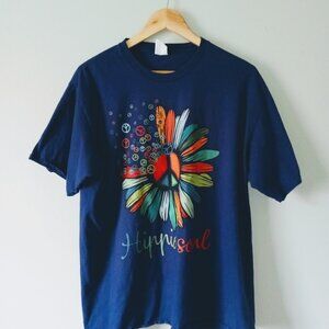 Navy Blue Ranbow Daisy Peace Sign Hippy Soul Short Sleeve Tee